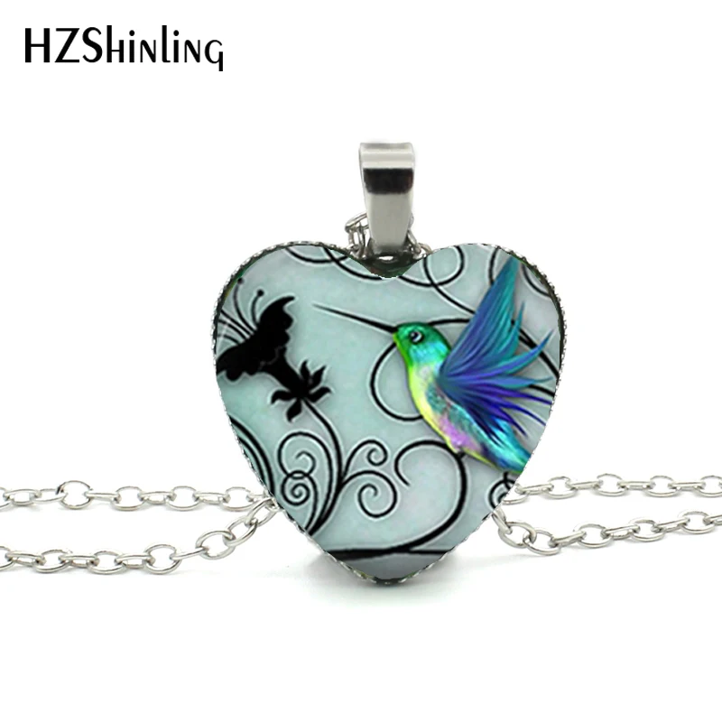 

New Blue Hummingbird Heart Necklace Hummingbird Art Heart Pendant Jewelry Silver Heart Necklace HZ3
