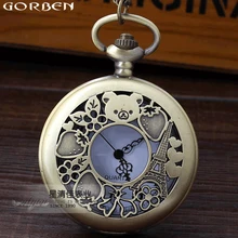 Милая фигурка медведя рилаккума, дизайн клубники Парижа, винтажные мужские женские часы, полые изысканные Кварцевые Подарочные карманные часы, цепочка, ожерелье