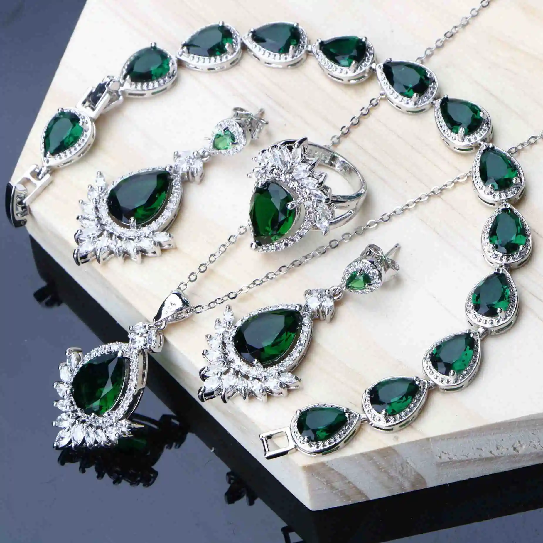 Дубай ювелирные наборы 925 серебряные ювелирные изделия зеленый кубический цирконий ожерелье кольца серьги браслет кулон набор для женщин 11,11 фестиваль - Окраска металла: 4PCS