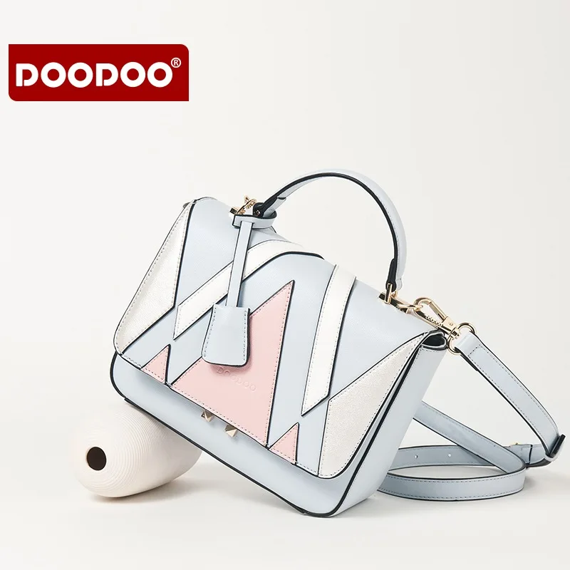 DOODOO 2018 أزياء المرأة حقيبة يد السماء الأزرق زائد الأبيض خياطة الهندسة الكتف حقيبة ساعي بو جاكيت جلدي-حقائب بيد