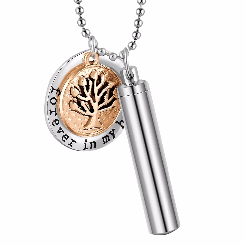 

Unisex Forever in My Heart Stainless Steel Jewelry Cylinder Tree Of Life Cremation Urn Pendant Necklace Pill Case Holder