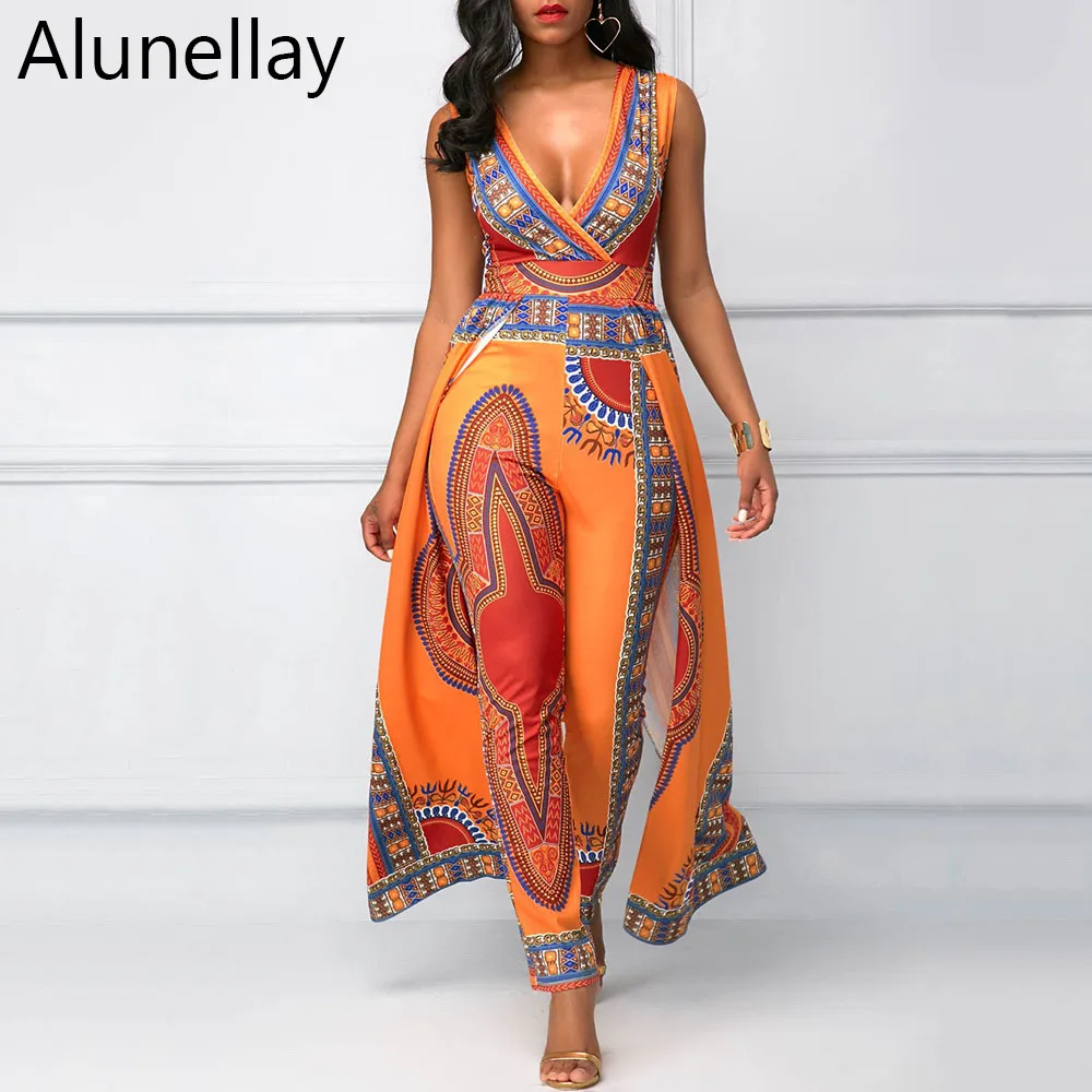 Alunellay African Design Bazin Summer Elegant Rompers Womens Jumpsuits Sleeveless Deep V Neck Long Dashiki Overalls Plus Size