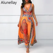 Alunellay African Design Bazin Summer Elegant Rompers Womens Jumpsuits Sleeveless Deep V Neck Long Dashiki Overalls Plus Size