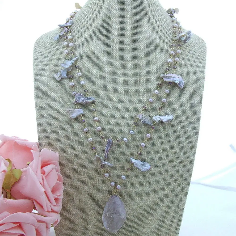 

Women's 22''-24" 2 Strands Keshi Pearl Purple Crystal Pendant Necklace