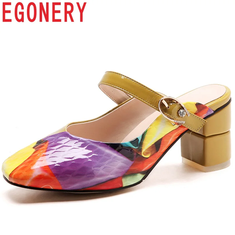 

EGONERY 2018 summer new colorful cow leather slides heel height 6.5 cm square heel back strap outdoor casual women's slides