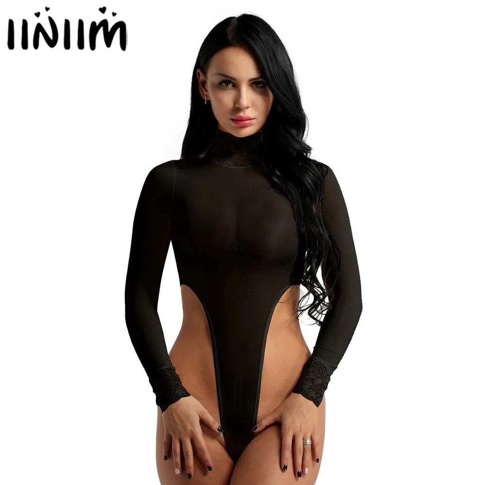 

Catsuits Womens Body String Sheer Lingerie Transparent Long Sleeve Turtleneck Hook Crotch High Cut Tank Thongs Leotard Bodysuit