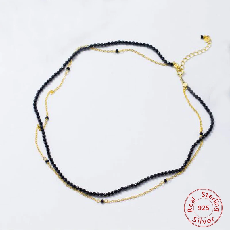 

S925 Sterling Silver Necklace Female Black Crystal Style Fashion Simple Double-Line Choker Necklace Gold Color Women Jewelry