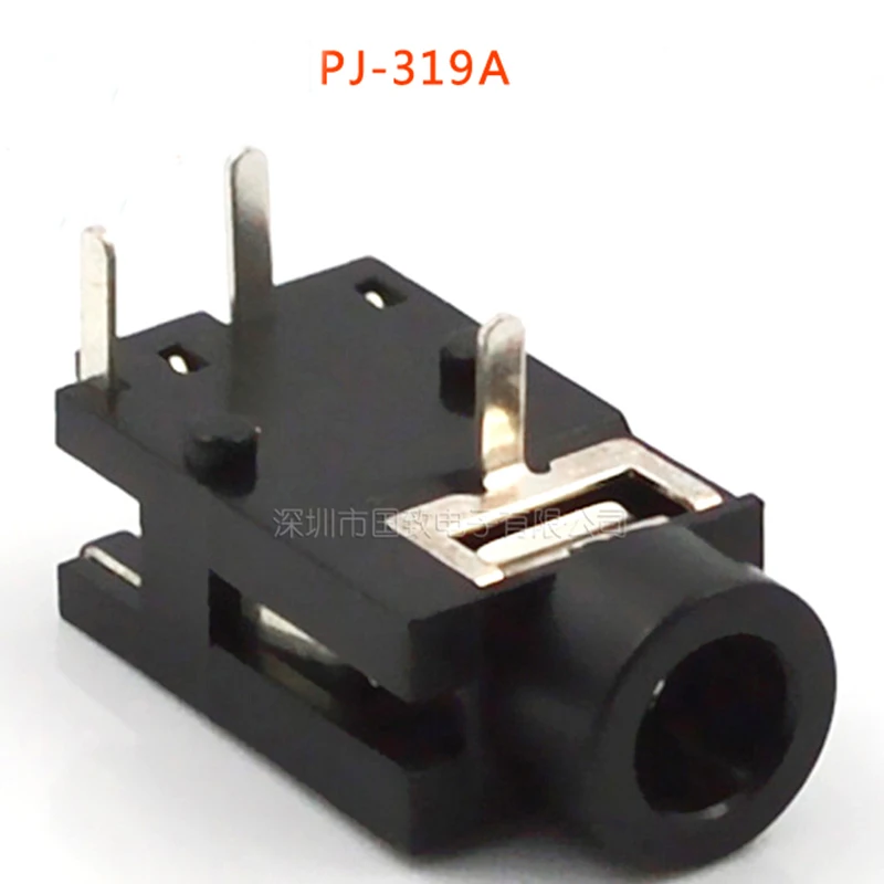 100pcs PJ 319A Audio Connector 3 5mm Headphone Jack Three Feet Plastic Head Black For Computer Chassis Audio Socket 90 Degrees