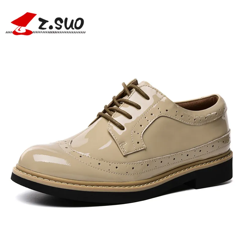 

Z.SUO Patent Leather Women Flats Shoes Comfortable Casual Brogue Shoes for Women Genuine Leather Lace-up Red Women's Shoes