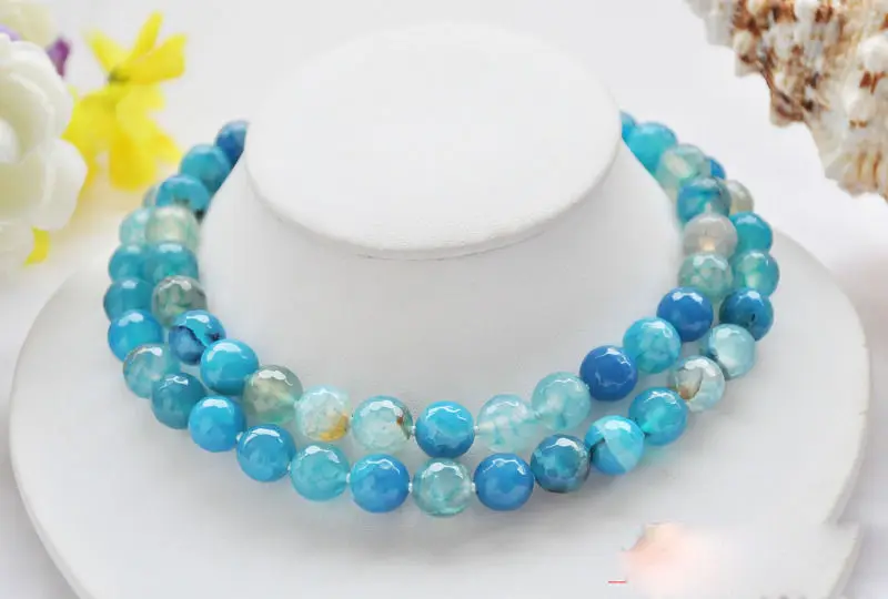 

31" 12mm blue round faceted agate bead necklace 5.27