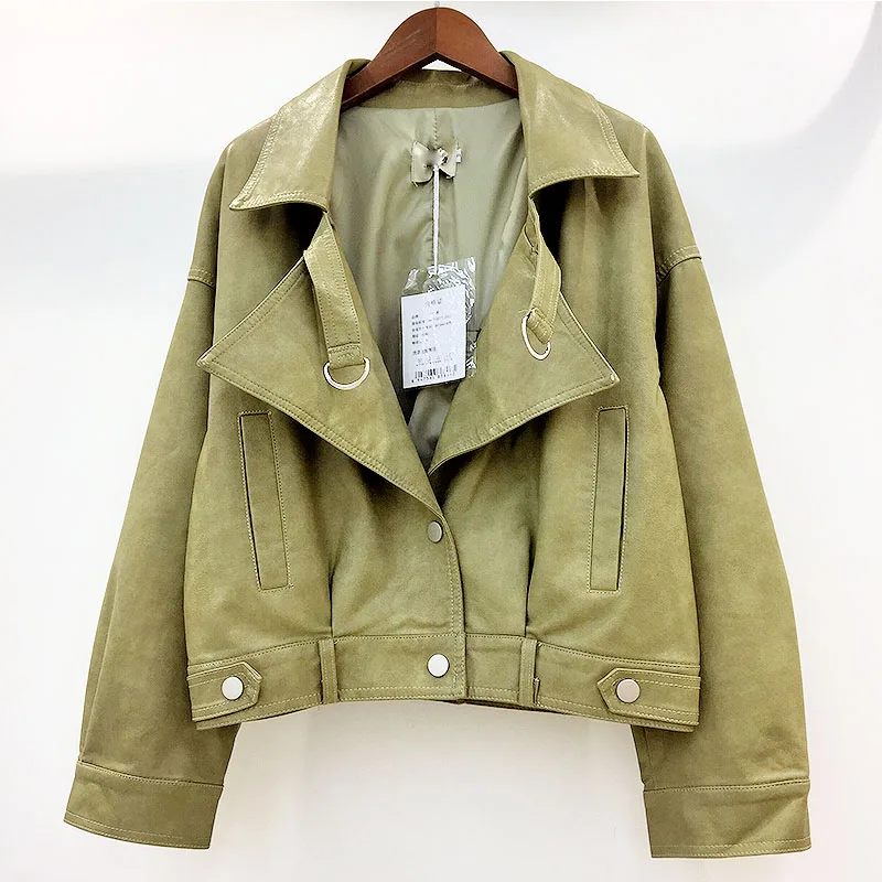 Ftlzz Autumn Faux Leather Jacket Women Loose Turndown Collar Single Breasted Motorcycle Leather Coats