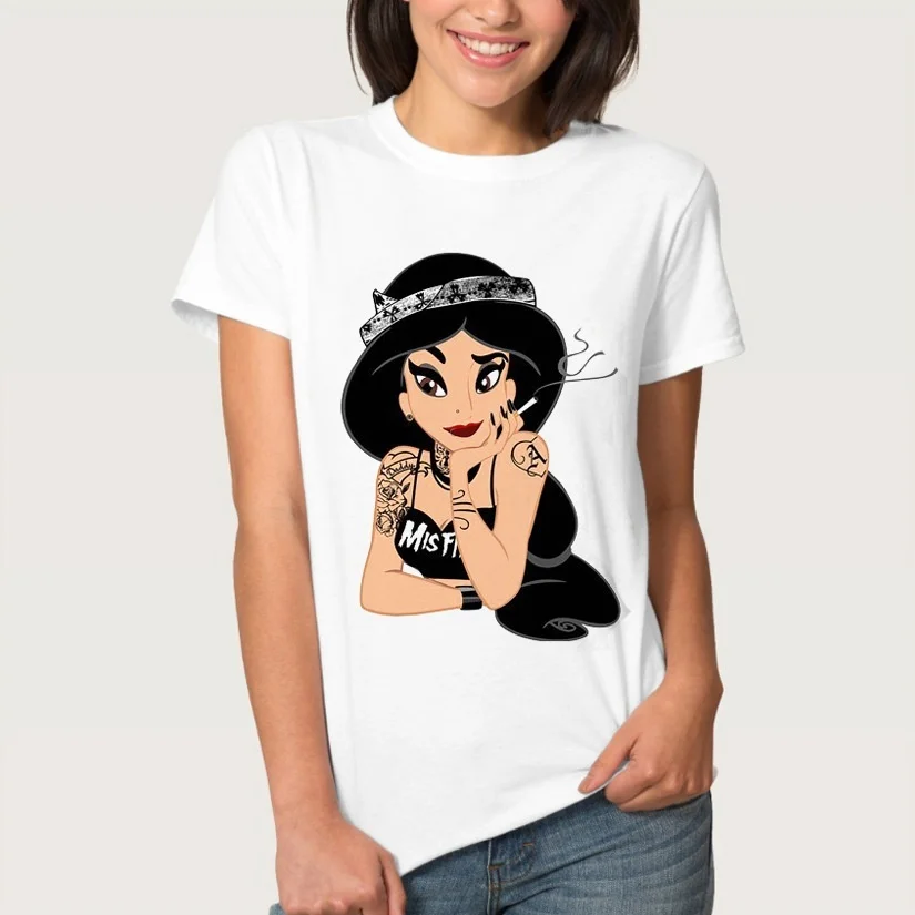 

Punk Rock Fashion Women T Shirt Princess Jasmine Printed Summer White Tees Tops