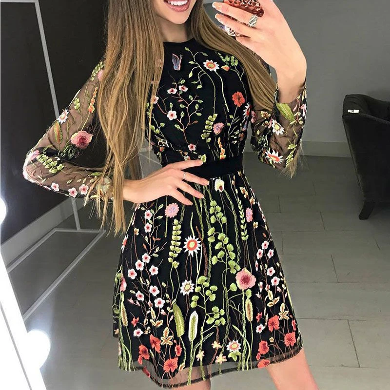 floral embroidered sheer mesh dress