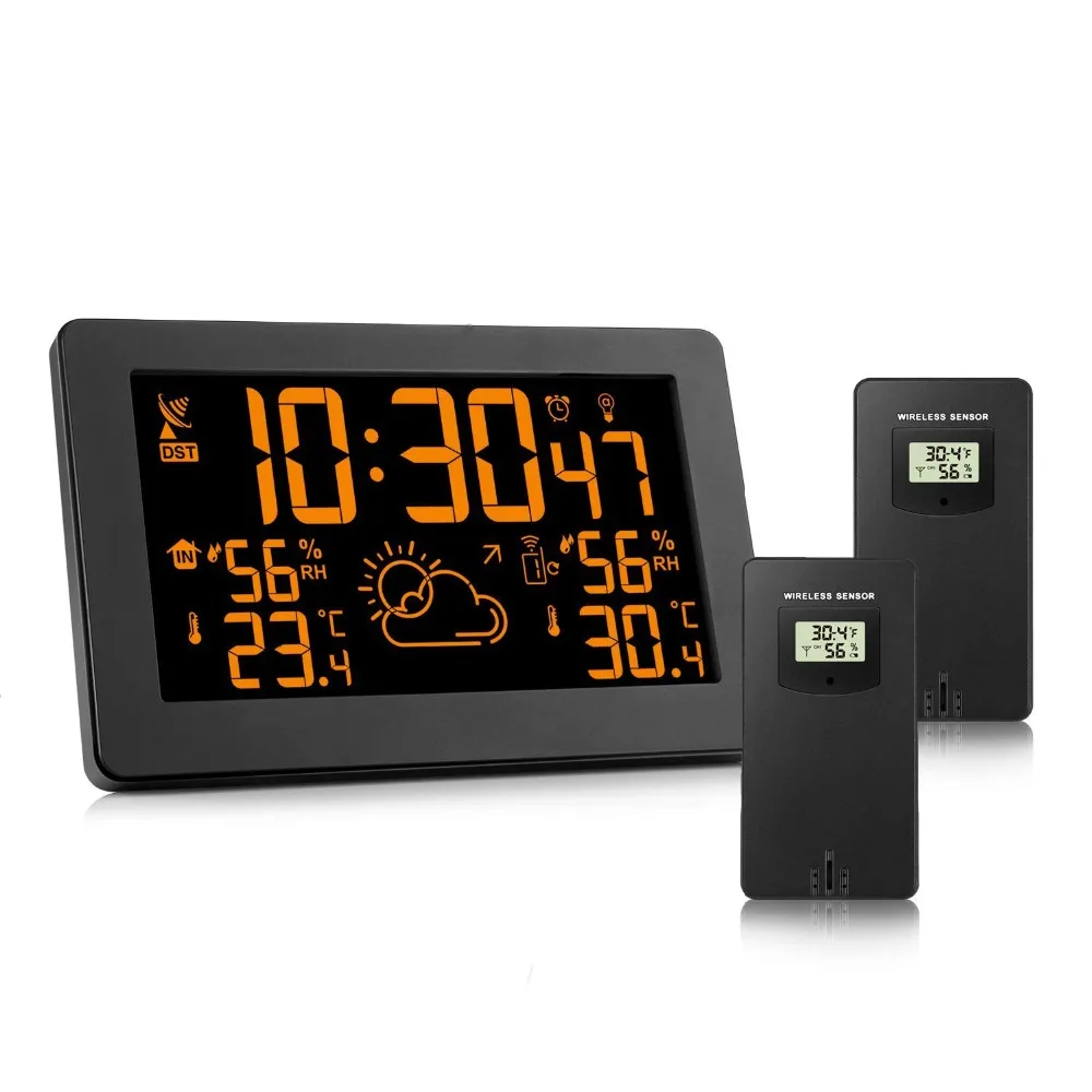 

2 Black Outdoor Sensors Rainbow Color Wireless Weather Station with Temperature Humidity Weather Forecast RCC Snooze Alarm Clock