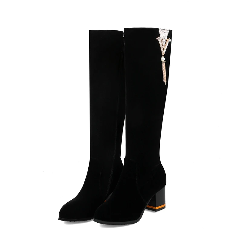 ENMAYER Woman Knee High boots Winter Causal Pointed toe Rhinestone Thigh High boots Black Big Size 32-45 High heel Zipper CR1631