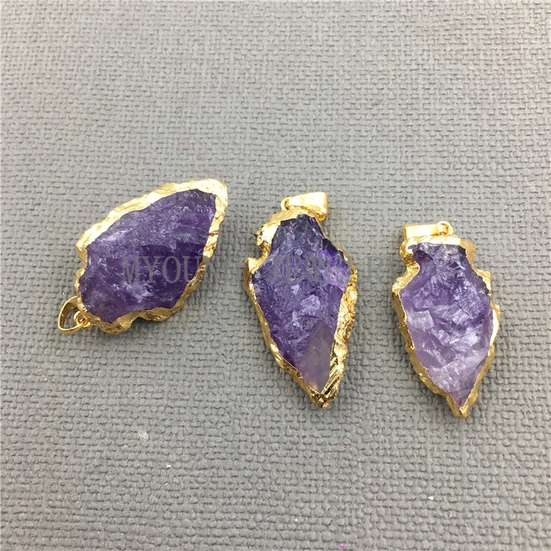 

MY0405 Arrow Purple Crystal Quartz Pendant Charm,Amethysts Arrowhead Quartz Druzy Gold Cladding Necklace Pendant