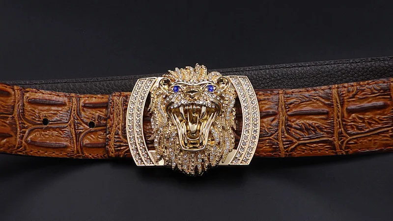 Цвета: золотистый, серебристый Пряжка со львом алмазного типа «крокодил» Для мужчин из натуральной деловой кожаный ремень повседневные кожаные Ремни для Для мужчин ZH506