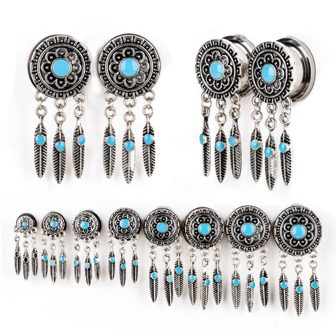 Boho Punk Tassel  Ear Flesh Tunnel Expander 1Pair Vintage Dreamcatcher Feathers Dangle Ear Plug Women Body Piercing Jewelry