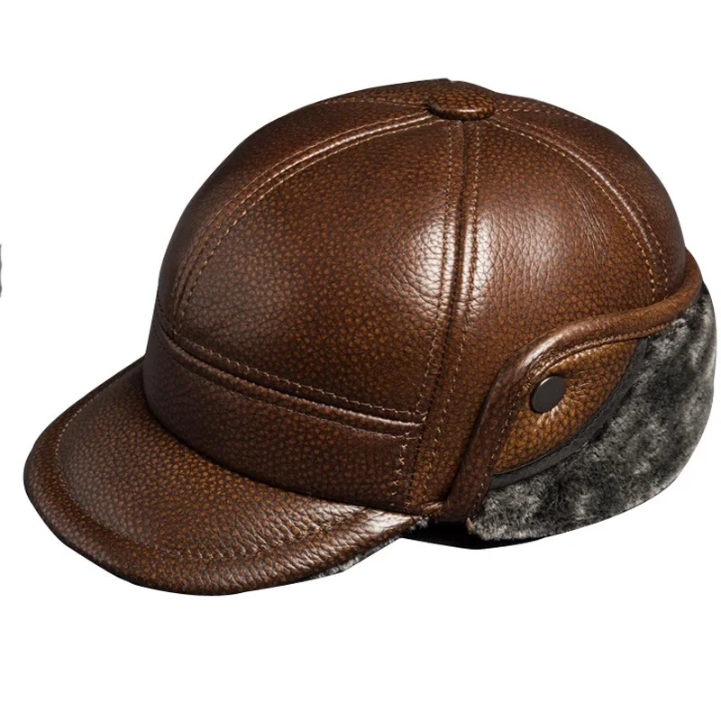 

Winter Baseball Caps For Men Brown Warm Bomber Hat With Earflaps Fur Genuine Cow Leather Luxury Brand Snapback Caps