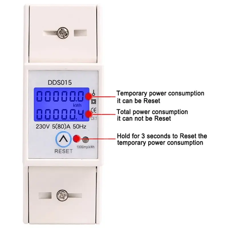 Din-рейка однофазный ваттметр Потребляемая мощность ватт электронный счетчик энергии кВтч 5-80A 230 В переменного тока 50 Гц с функцией сброса