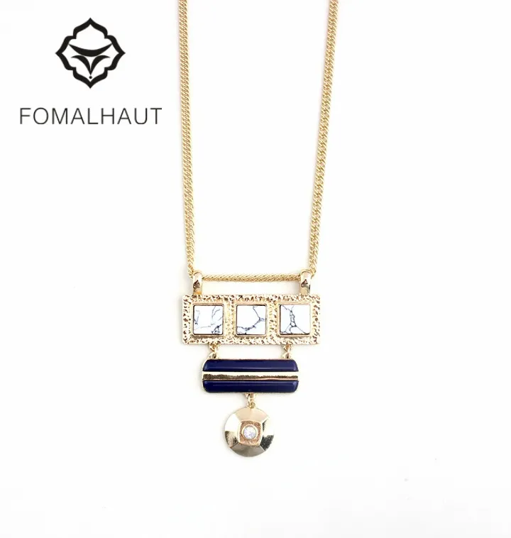 

FOMALHAUT gold color White greenstone squares mosaic Pendant Long Necklace Statement Necklace Women 2015 Fashion CX-143