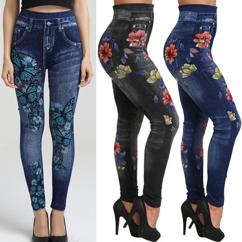 

Women's Jeggings Skinny High Waisted Imitation Jeans Slim fit Stretch Seamless Leggings Plus Size
