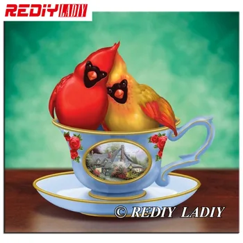 

REDIY LADIY Diamond Embroidery Cardinal Birds Cup Diamond Painting Cross Stitch Full Square Rhinestones Mosaic Home Decoration