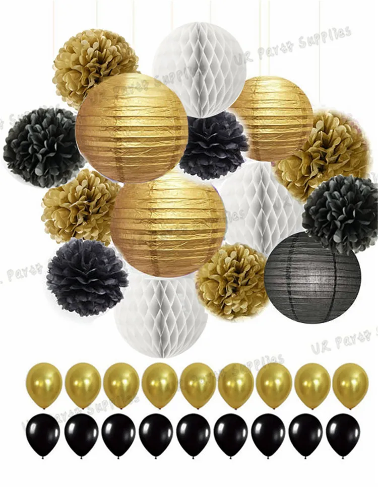 1 комплект(14-39 шт.), золотые/черные/белые помпоны и фонарики, сотовые шары, вечерние, комплект для дня рождения, DIY, подвесное украшение