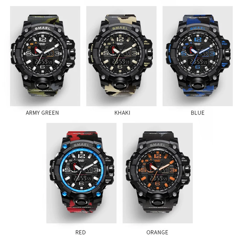  SMAEL Brand Sports Watches Men Dual Time Camouflage Military Watch Men Army LED Digital Wristwatch 