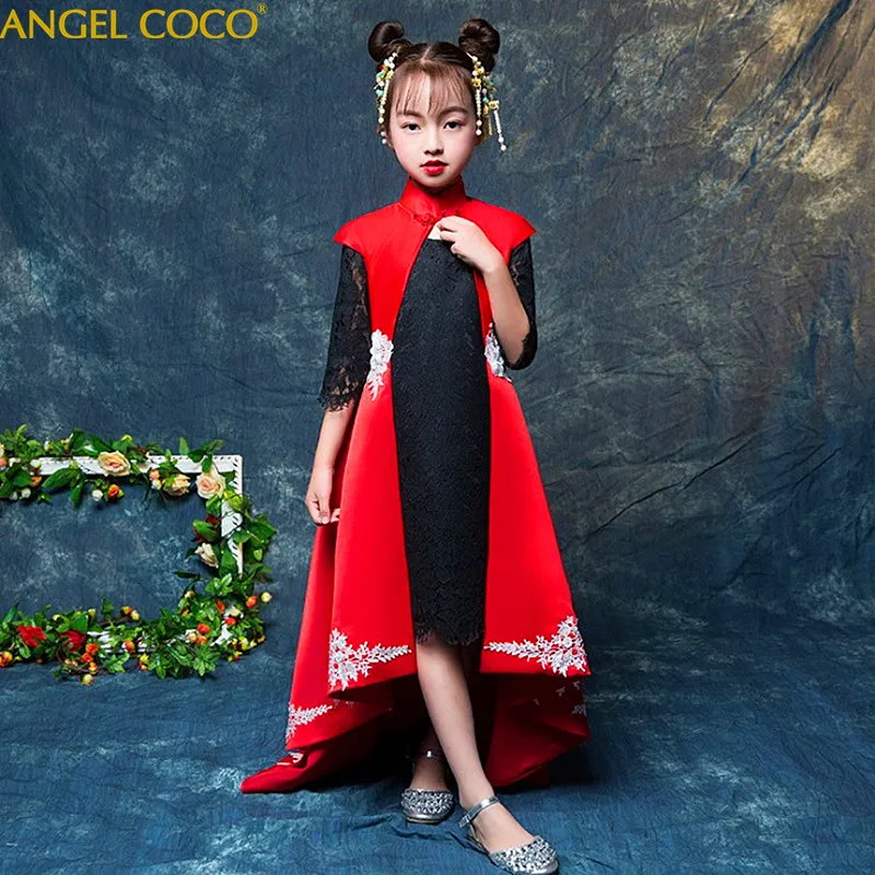 

2 Pieces (Dress + Shawl Jacket) Girls Evening Dress Child Princess Dress Red Moderator Model Catwalk Show Costumes Robe Fille