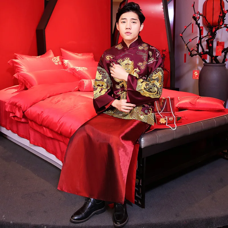 Китайский Винтажный Мужской Свадебный костюм вышивка Сучжоу Чонсам с драконами Vestidos Мужская одежда для свадебной вечеринки одежда для жениха