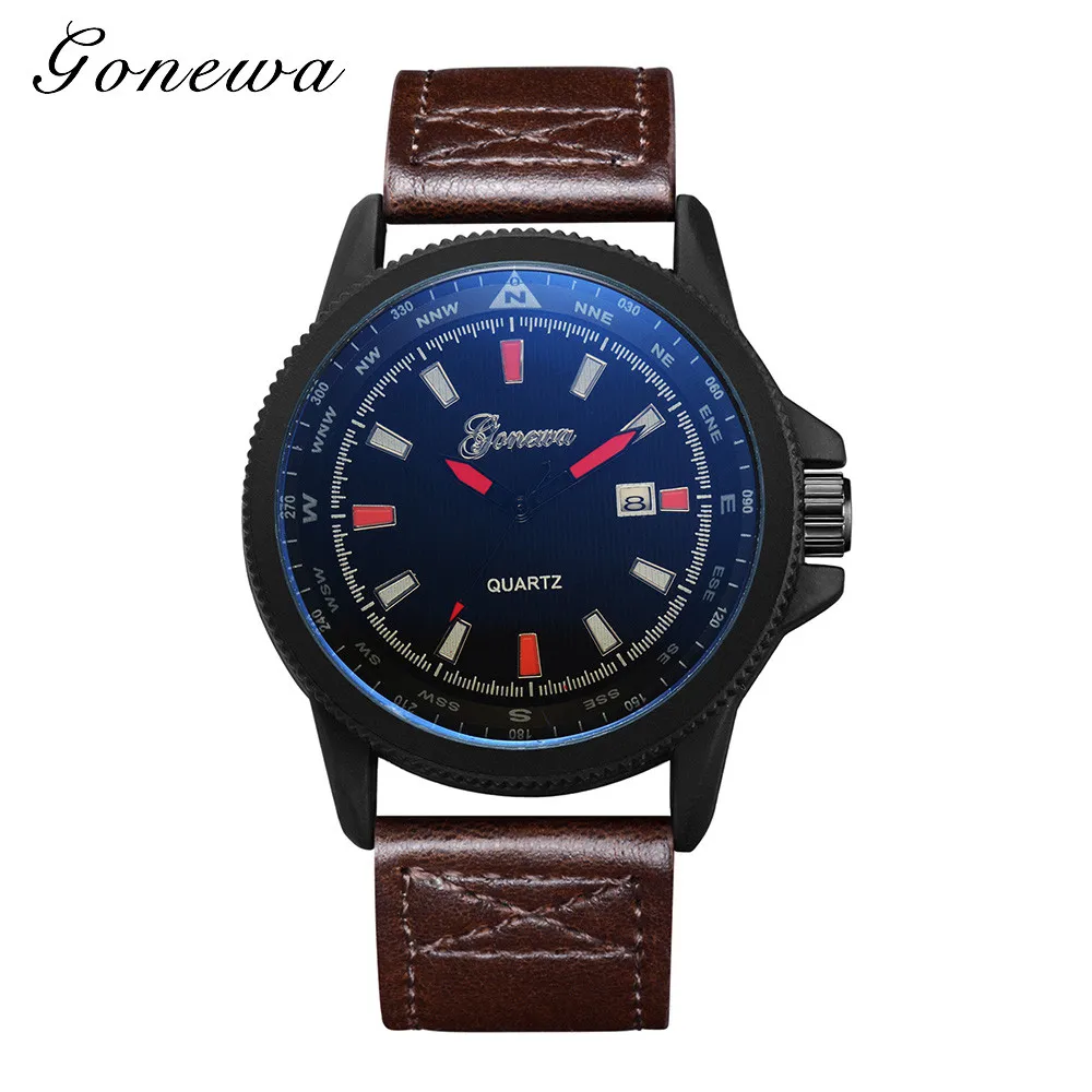 

GONEWA #GON024Sports Men's Leather Watch 2018 Calendar Black Letter Scale Dial Men's Wrist Watch horloges mannen digital A80