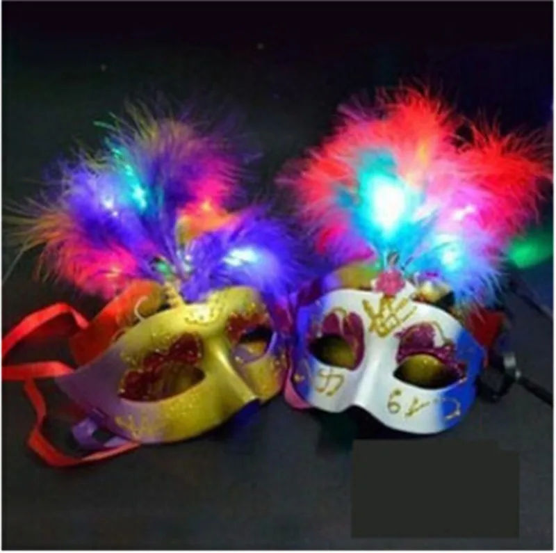 

10pcs/lot Multi Color Halloween LED feather Mask party flash mask masquerade masks decoration supplies glow light feather masks