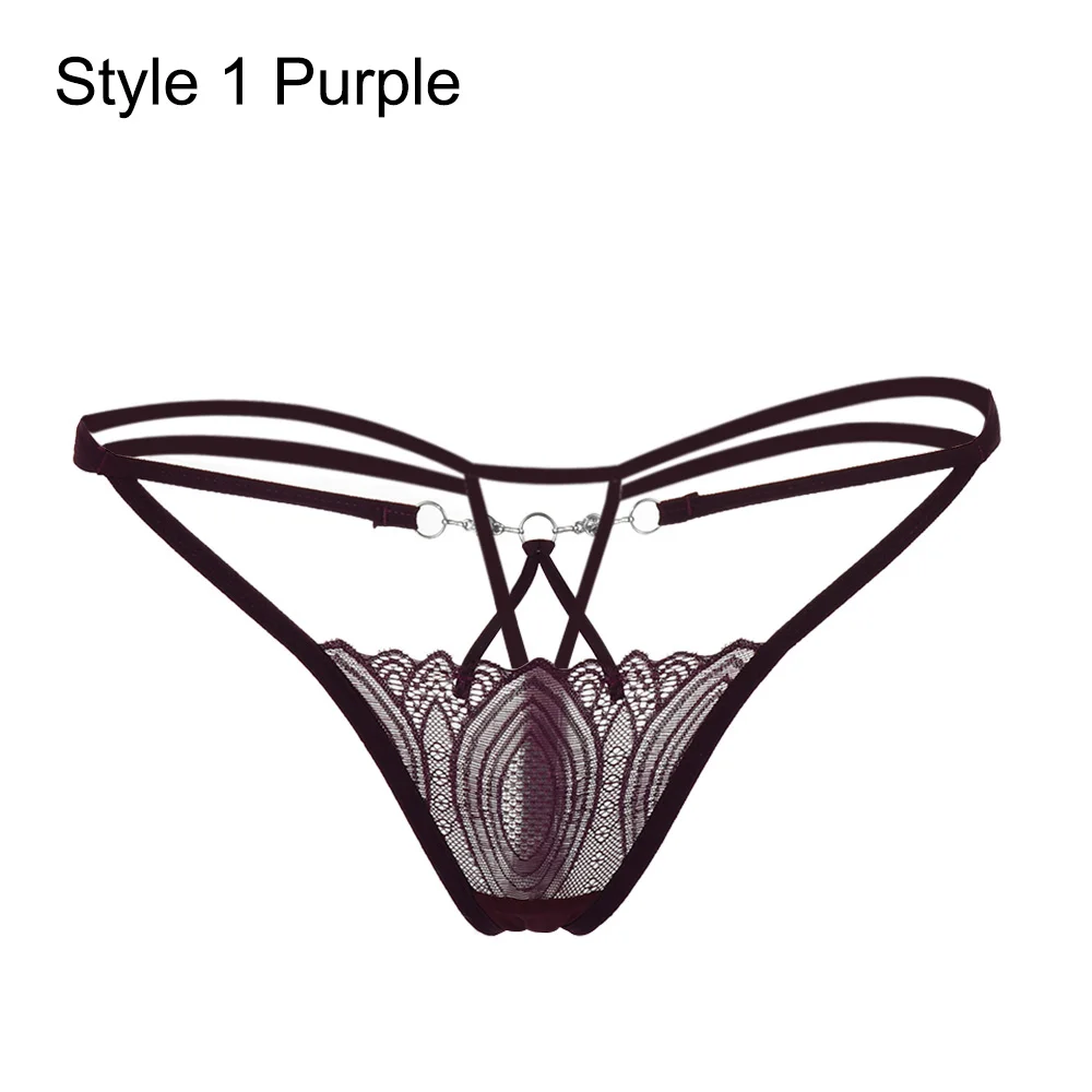 Women Erotic Lingerie Sexy Lace Flowers Panties Low Waist G-string Transparent T-back Briefs Underwear Fashion Summer Underpants - Цвет: Style 1 Purple