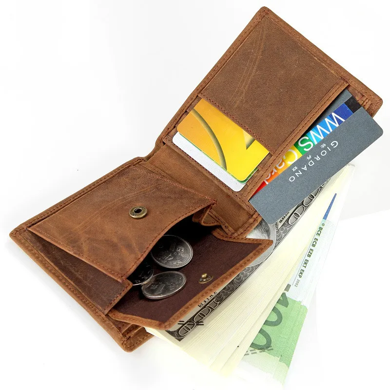 

Famous Female Wallets Short-cut Men Head Layer Cow Leather Money Bag Retro Crazy Horse Skin Genuine Leather Purses and Handbags