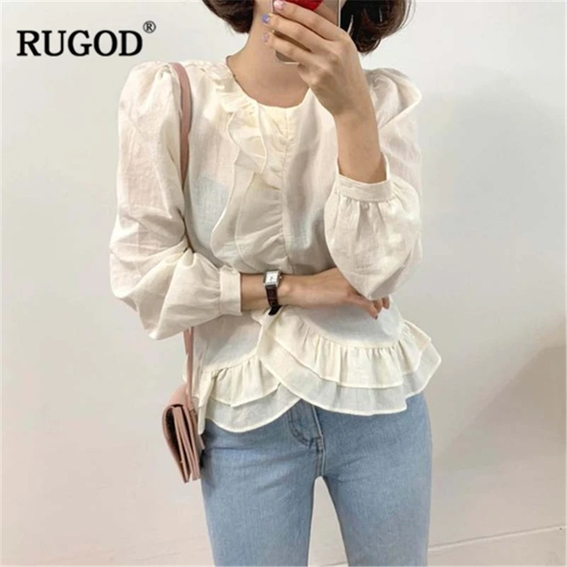 Женская блузка с круглым вырезом RUGOD однотонная длинными рукавами фонариками и