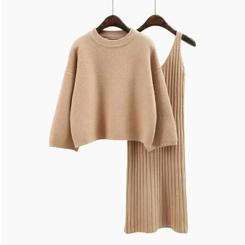 Ly Varey Lin Autumn Winter Womans Sweater+ Straped Mini Dress Sets Solid Color Casual Loose Knitted Sweater Two-pieces Suits - Цвет: Khaki