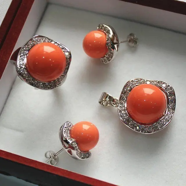 

Rare Fine Charming Jewellery pink Coral color earring ring pendant necklace Wholesale Plated gold Jewelry silver hook