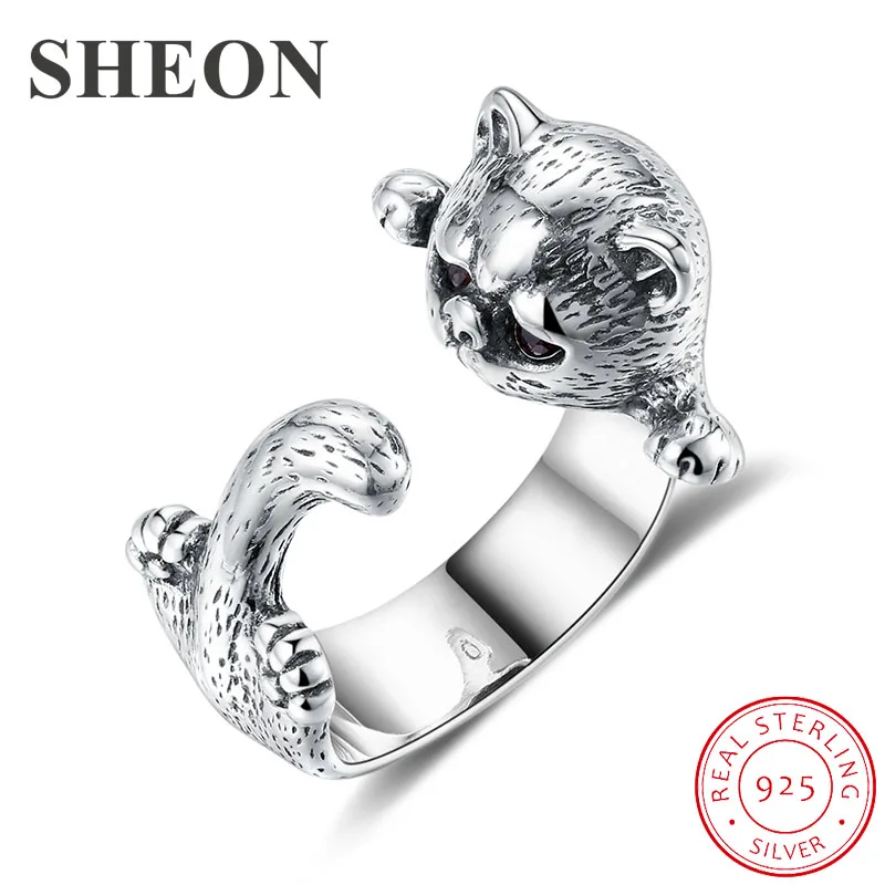 

SHEON 925 Sterling Silver Persian Cat Animal Female Vintage Finger Rings for Women Adjustable Size Sterling Silver Jewelry Anel