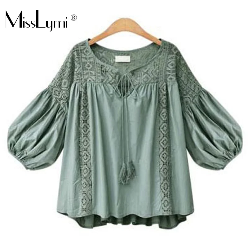 

5XL Plus Size Women Shirts 2018 Streetwear Style Hollow Out Lace Crochet Lantern Sleeve Loose Casual Cute Blouses Ladies Tops