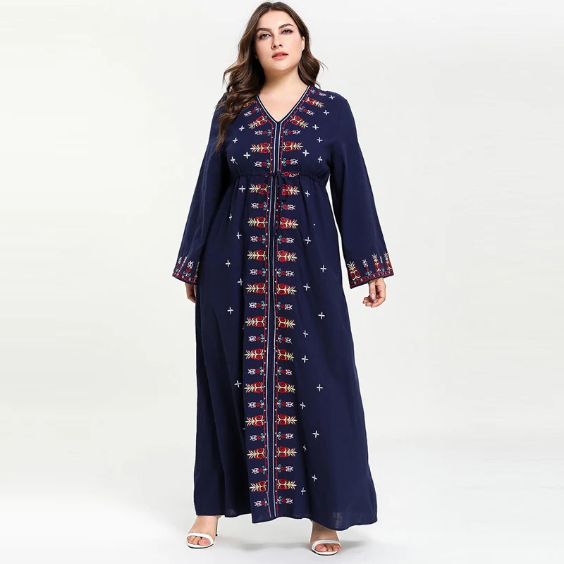 Женское мусульманское платье с вышивкой, v-образный вырез, кафтан Марокканская абайя, большие размеры, исламское платье с расклешенными рукавами, темно-синий M-4XL - Цвет: Синий