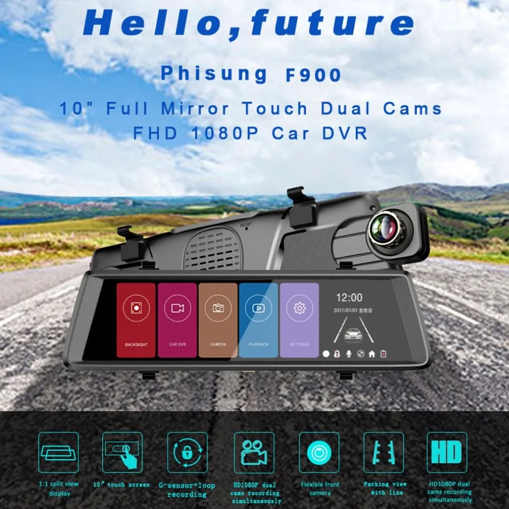 

10 inch 1080P WiFi Car Camera DVR Video Dash Cam Recorder Monitor Night Vision 140 degrees APP for Android for iPhone