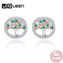 JQUEEN Модные женские сережки из серебра 925 пробы, цветные Кристальные серьги древо жизни, вечерние серьги-гвоздики, лучший подарок, ювелирное изделие