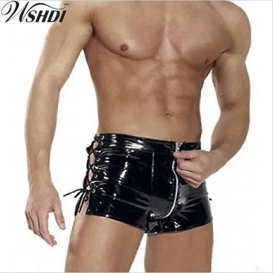 New Sexy Men Zipper PVC Latex Underpants Shorts Wetlook Patent Leather Shorts Underwear Drawstring Swimwear Male Boxers Shorts