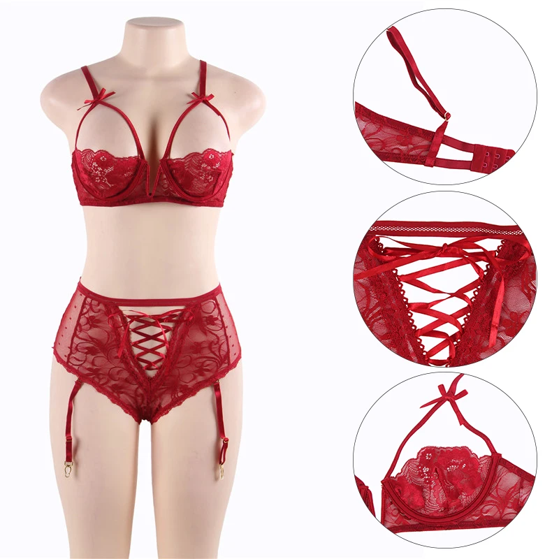 Open Bra Lace Sexy Lingerie Set Black Red Transparent Woman Sexy Set Erotic Bra+Garterbelt+High Waist Panty Sexy Costumes R80646 5 Open Bra Lace Sexy Lingerie Set Black Red Transparent Woman Sexy Set Erotic Bra+Garterbelt+High Waist Panty Sexy Costumes R80646 5