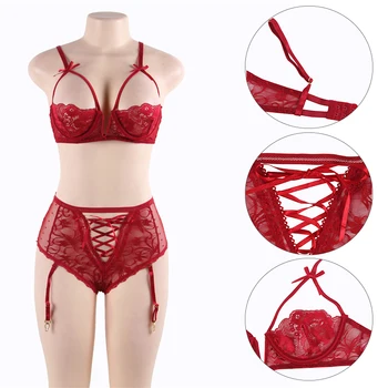 Open Bra Lace Sexy Lingerie Set Black Red Transparent Woman Sexy Set Erotic Bra+Garterbelt+High Waist Panty Sexy Costumes R80646 5