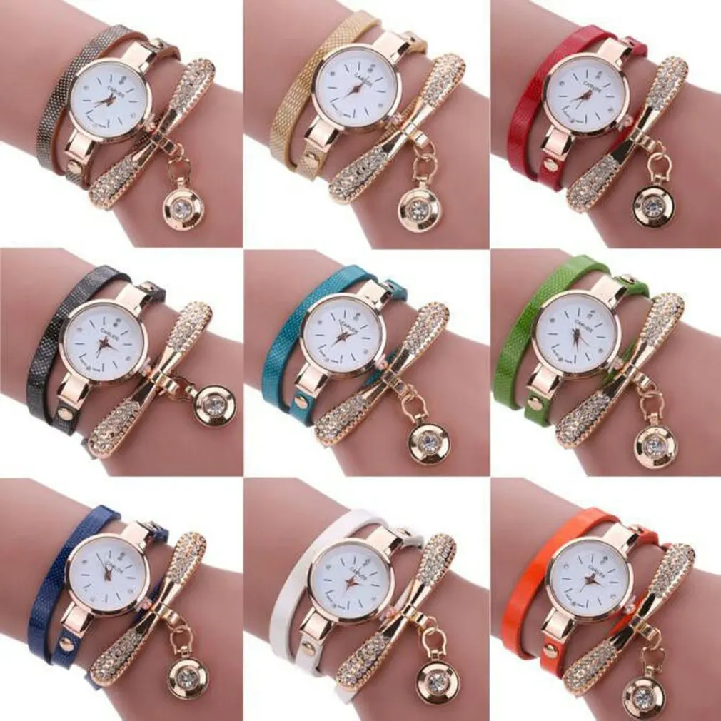 Кварцевые часы, кожаный браслет с намоткой, женские роскошные модные часы, повседневные наручные часы с тремя кругами