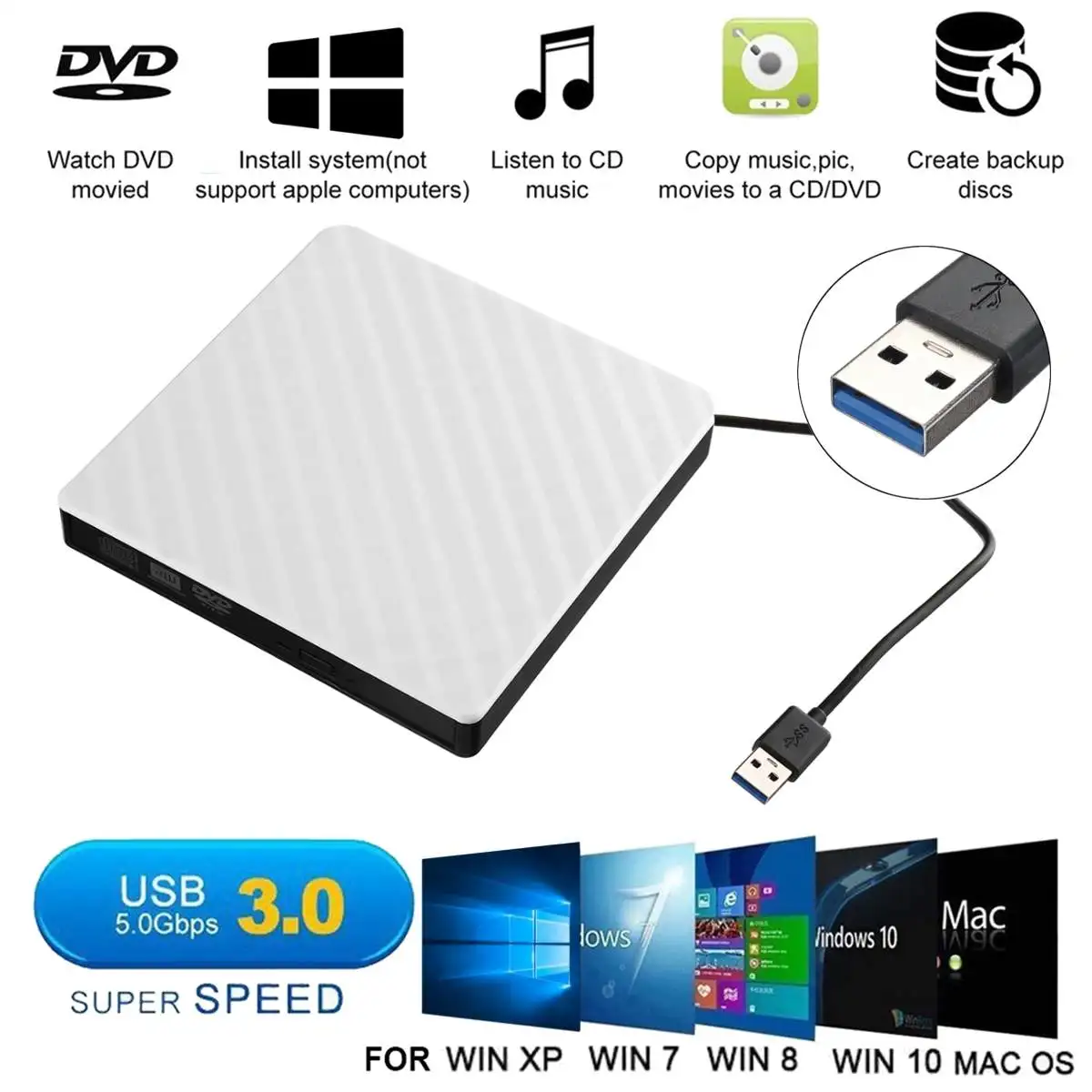 Новый стиль Белый Внешний USB3.0 DVD RW CD писатель Тонкий привод горелки ридер плеер