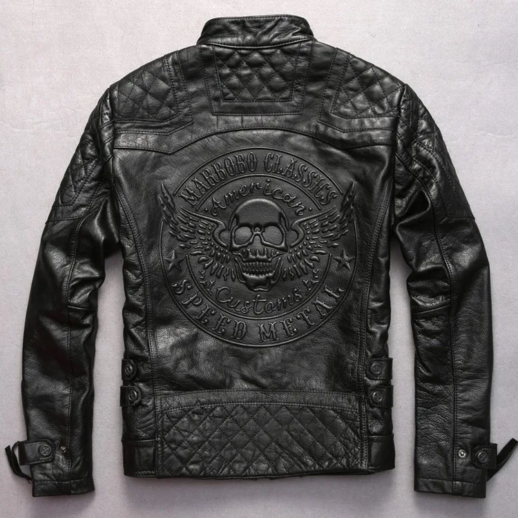 Куртка из натуральной кожи с черепами, мужская куртка из натуральной воловьей кожи, Мужская мотоциклетная куртка черного и синего цвета