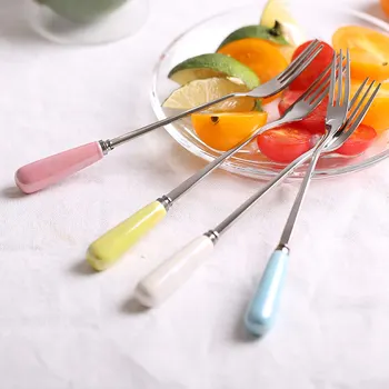 

4pcs Stainless Steel Fruit Forks with Ceramic Handle Candy Color Forks Cutlery Flatware Set Kitchen Tableware Accessories 15cm